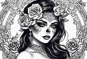 chest tattoo, from shoulder to shoulder, covering lover part of the neck. contains skulls, roses and muertos style girls tattoo idea