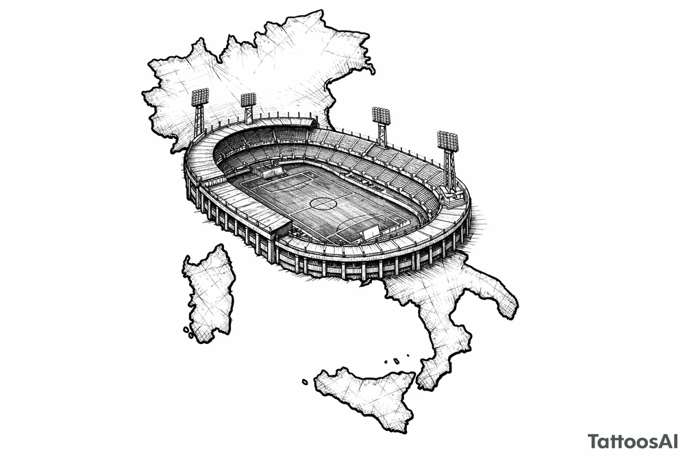 Fine line blackwork country outline with a football stadium inside. tattoo idea