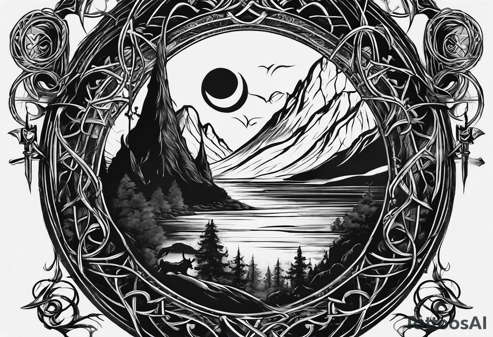 Lord of the rings with Harry Potter incorporated but clear visual of both movies. Small and minimal. Something like the deathly hallows symbol made out of swords and wizard staff from LOTR tattoo idea
