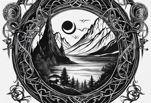 Lord of the rings with Harry Potter incorporated but clear visual of both movies. Small and minimal. Something like the deathly hallows symbol made out of swords and wizard staff from LOTR tattoo idea