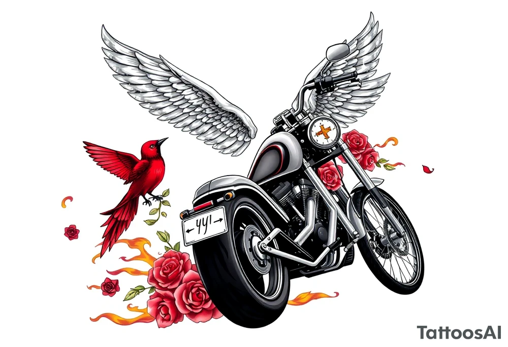 Harley grey motorcycle driving away, two red birds flying, roses, flames, angel wings tattoo idea