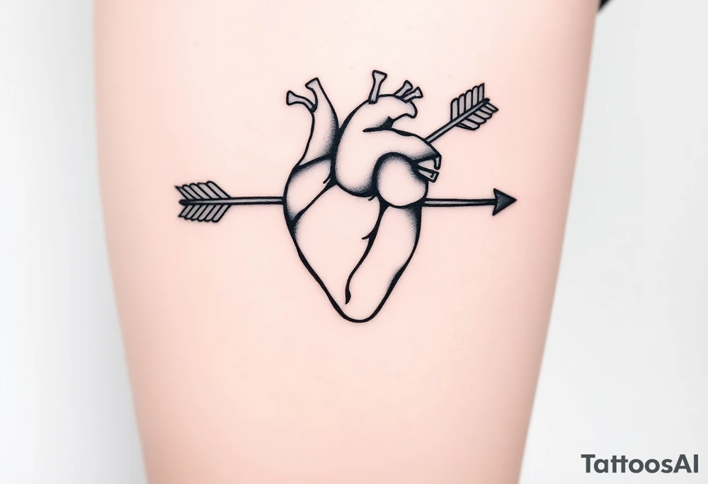 anatomical heart pierced by ornate arrow with flowing ribbons tattoo idea