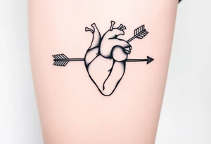 anatomical heart pierced by ornate arrow with flowing ribbons tattoo idea