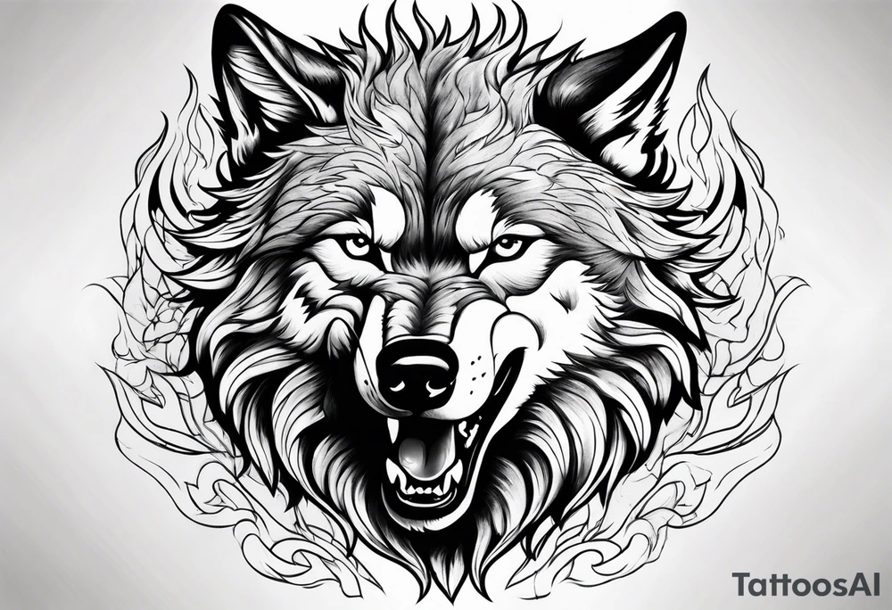 Wolf rising from flames tattoo idea