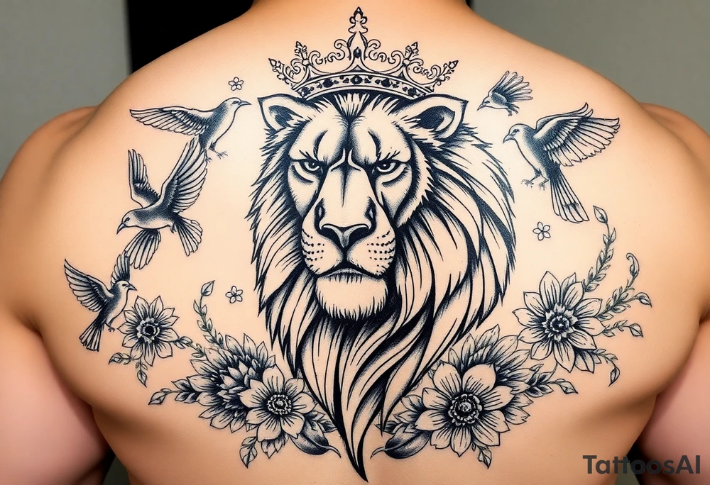 poking kong
werful majestic lion with a crown, surrounded by floral ornaments and birds tattoo idea