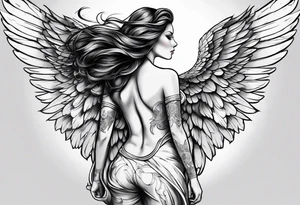 angel woman with big wings full body flying on the sky looking right side  we  can see right profile tattoo idea