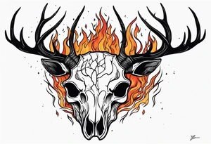 side profile of a DECAYING deer skull JUST BONE lore accurate wendigo surrounded by a flames and trees tattoo idea