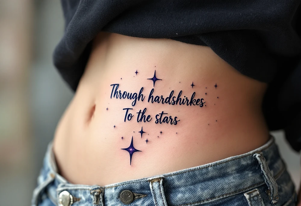 The quote “Through hardships To the stars” flows in navy ink around a violet galaxy, etched along the ribs. tattoo idea