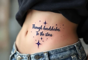 The quote “Through hardships To the stars” flows in navy ink around a violet galaxy, etched along the ribs. tattoo idea