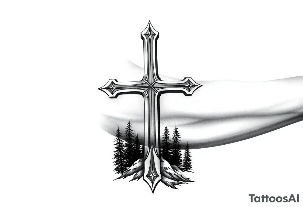 russian christian orthodox cross with the diagonal line at the bottom with a light forrest with a light mountainous setting tattoo idea