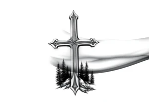 russian christian orthodox cross with the diagonal line at the bottom with a light forrest with a light mountainous setting tattoo idea