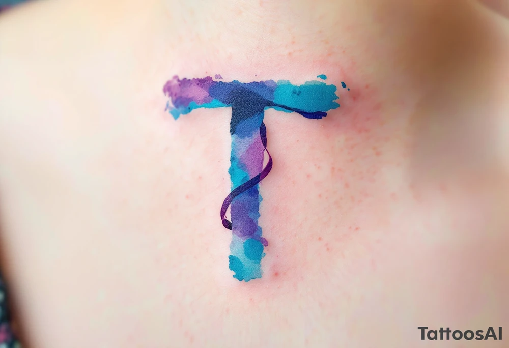 A watercolor-style "T" in shades of turquoise and purple, blending like paint strokes. tattoo idea