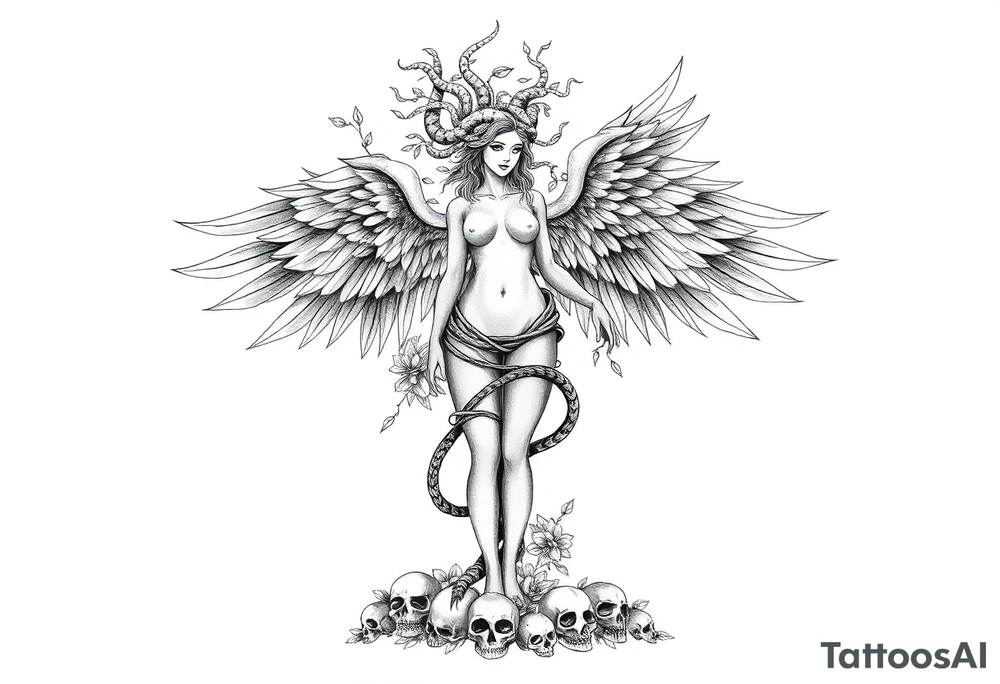 Ethereal Medusa standing.She has snakes for hair phoenix wings. She is beautiful and feminine. Surrounded by flowers and standing with skulls at her feet. Symbolic of resilience, transformation and inner strength. tattoo idea
