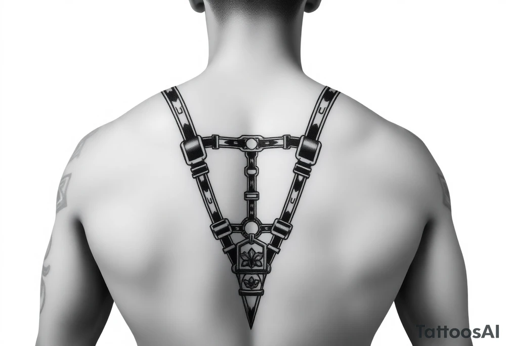i want a tattoo that goes from the front to the back and and is similar to a harness. with connecting from my pecs to the back and also to my arms so they would be like the straps. i want to see the front and the back. i want it to be styled (the straps) like asian samoan type of pattern. i want the straps to look asian. not real straps. tattoo idea