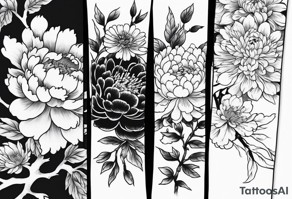 Full sleeve japanese peonies and chrysanthemum and cherry blossoms in black water tattoo idea