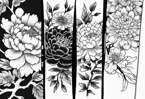 Full sleeve japanese peonies and chrysanthemum and cherry blossoms in black water tattoo idea