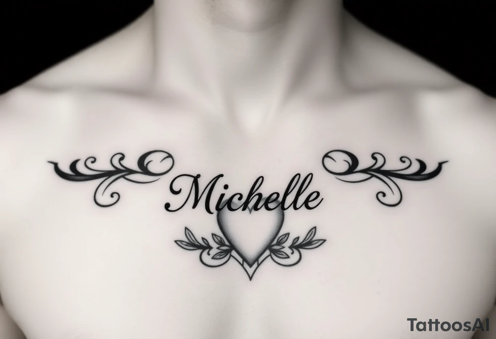 Design a tattoo for a man’s chest of a woman’s name (Michelle). Incorporate a subtle Irish Claddagh. Have the name Michelle separate to the heart. tattoo idea