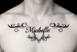 Design a tattoo for a man’s chest of a woman’s name (Michelle). Incorporate a subtle Irish Claddagh. Have the name Michelle separate to the heart. tattoo idea