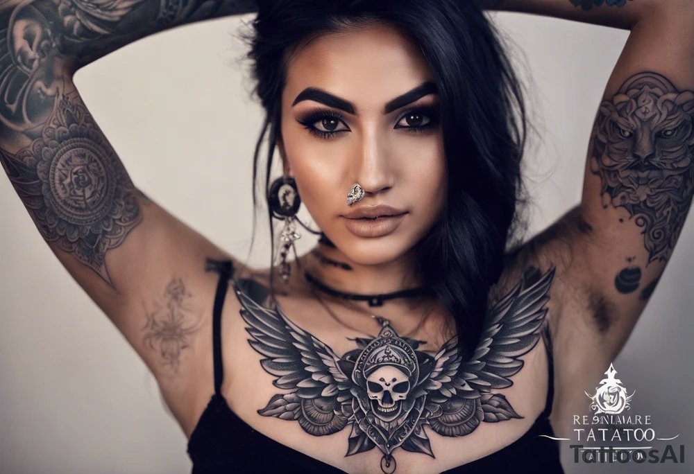 black kali, goddess pirate, alien, angel, pachamama, valkrye, warrior, flying, skull, lotus azul, wing, eagle, zenza resonance, stars, 5D, anahata chakra, death, durga, riding on a tiger, flying lady, kundalini, chest tatoo, rebel tattoo idea