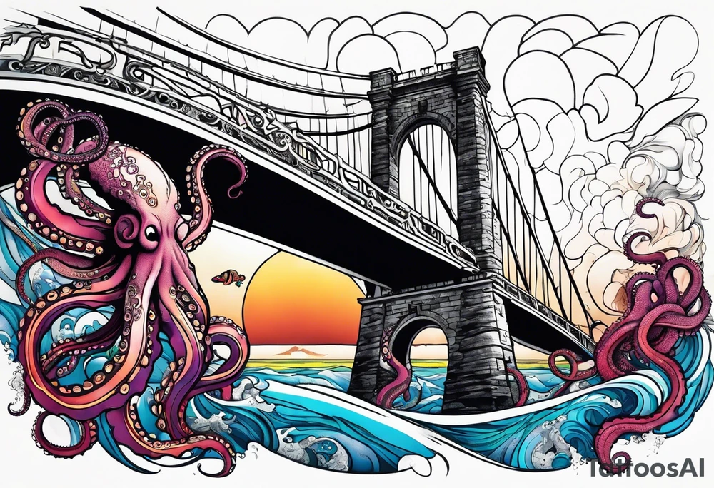 Octopus attacking bridge tattoo idea