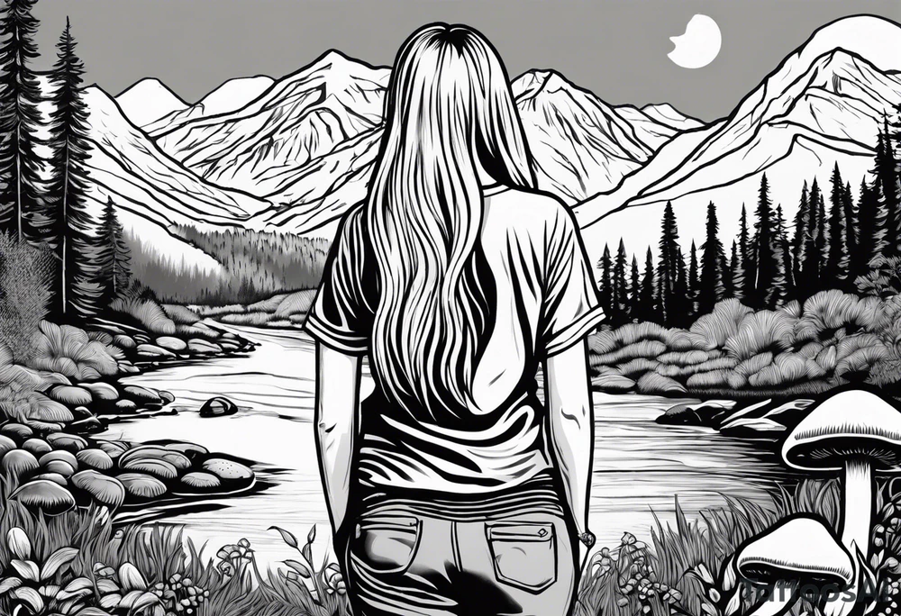 Straight long blonde hair hippie girl in distance holding mushrooms in hand facing away toward mountains and creek surrounded by mushrooms tee shirt and hiking pants; whole rendering within a full circle, no cut off circle tattoo idea