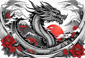 make a dragon with red sun, some japanese car and bonsai tattoo idea