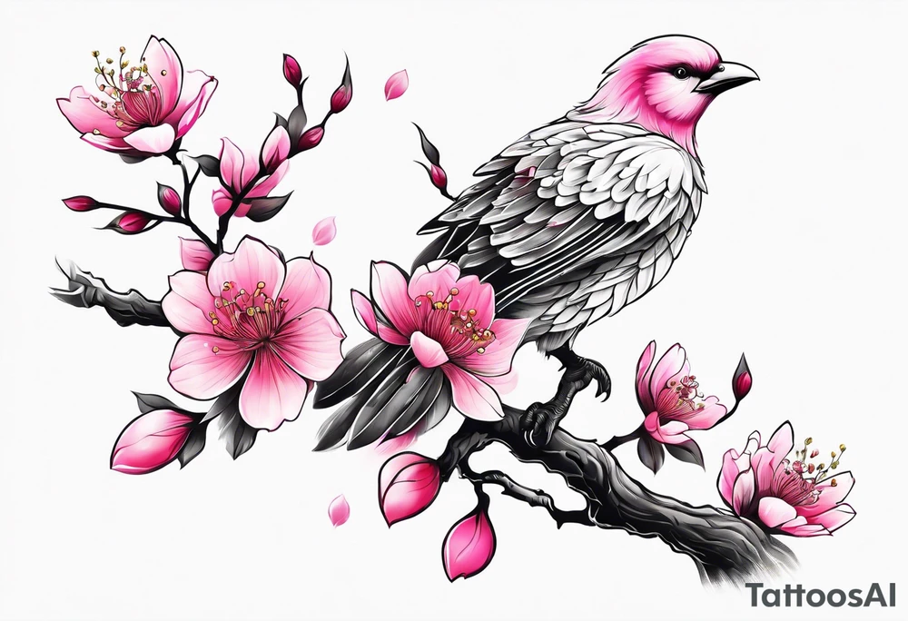 Pink Sakura branch, black and white phoenix tattoo idea