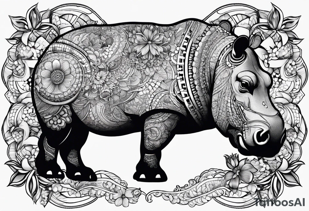 Hippo, flowers, moon, fine lines, tribal, geometric tattoo idea