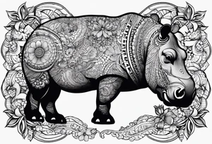 Hippo, flowers, moon, fine lines, tribal, geometric tattoo idea
