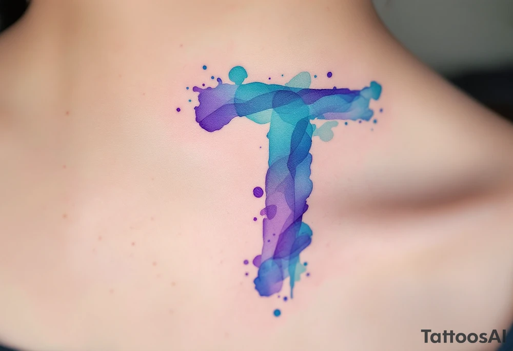 A watercolor-style "T" in shades of turquoise and purple, blending like paint strokes. tattoo idea