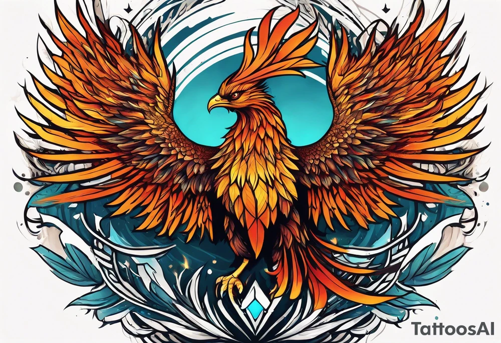 A majestic fire phoenix, rising powerfully with its wings spread wide and feathers flowing, representing rebirth and resilience. The phoenix is detailed with intricate feathers, creating a sense of movement and vitality. The design is bold, with deep shading and texture that adds dimension and intensity to its form. tattoo idea