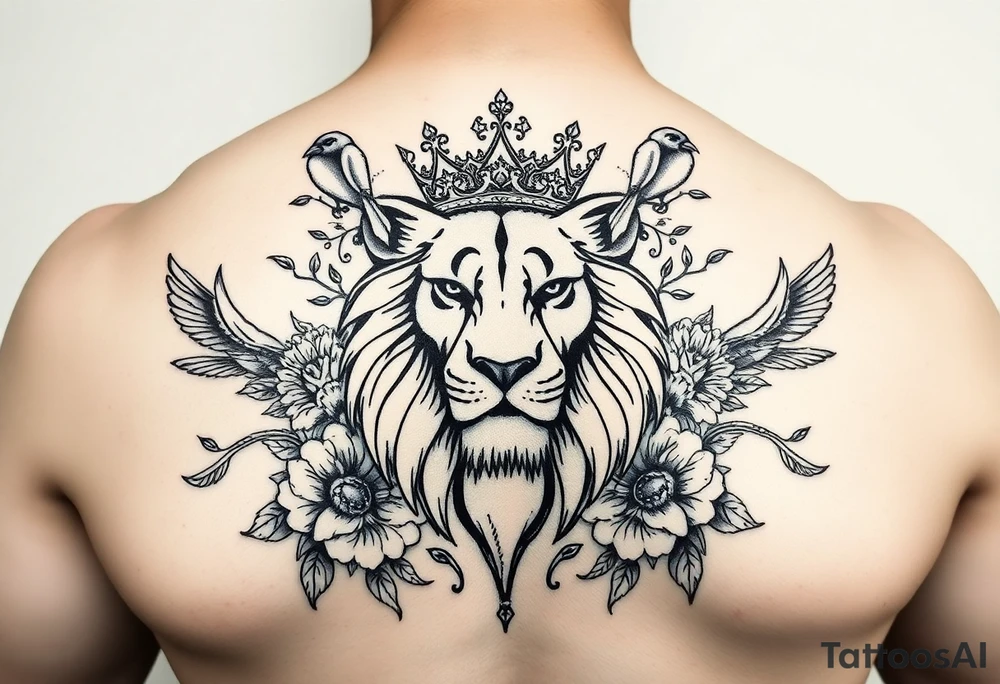 powerful majestic lion with a crown, surrounded by floral ornaments and birds tattoo idea