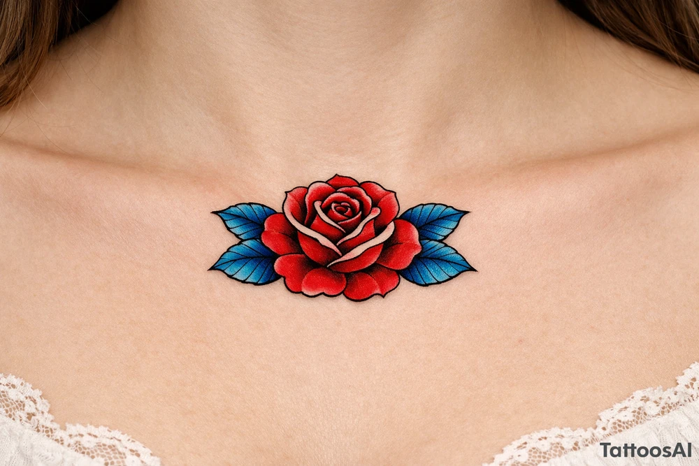 Red rose , blue leaves no stem tattoo idea