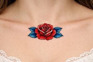 Red rose , blue leaves no stem tattoo idea
