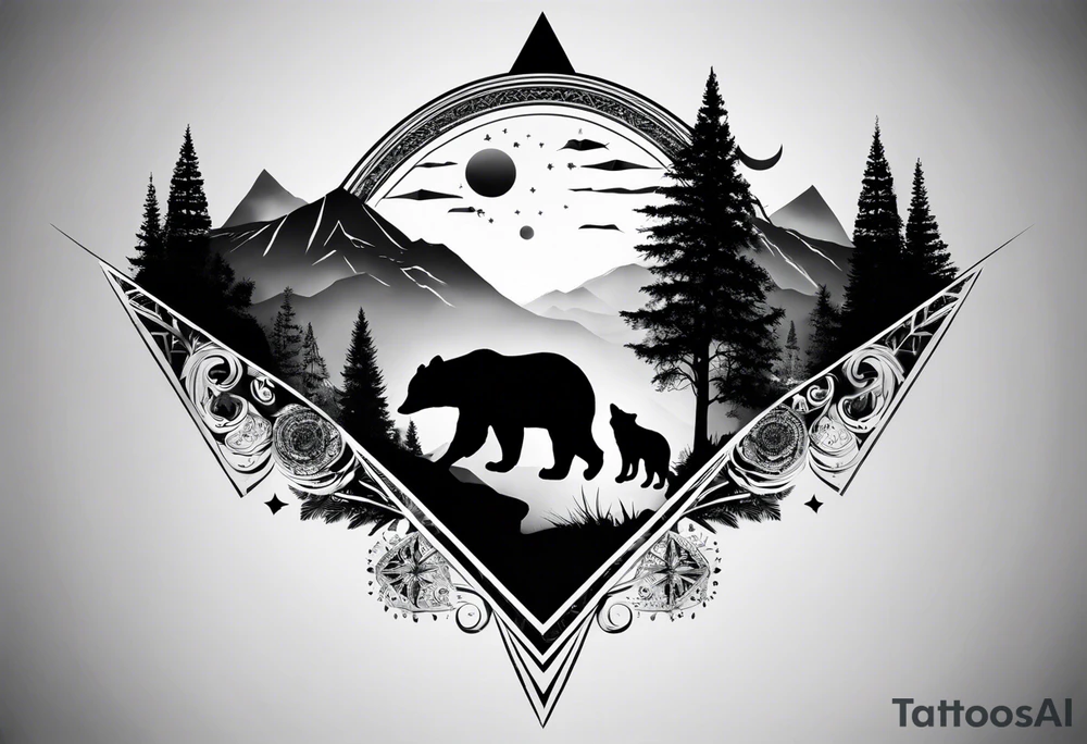 Full sleeve tattoo in black and white colore. The design should include space, stars, forest, sunset, mountains, cliffs, waterfall, water, ocean, wild animals (bear, wolves, elephant), and inserts of triangles and geometric figures. I have two children – a son, Sergei (the eldest), and a daughter, Anna, who live with me and my wife. But I also have another daughter, Marianna, whom I haven't seen for a long time and eagerly await to meet. The tattoo should symbolize love and protection for my children and family, the desire to secure their future, and confidence in tomorrow. It should reflect the notion of not looking back, but always moving forward and achieving goals! tattoo idea