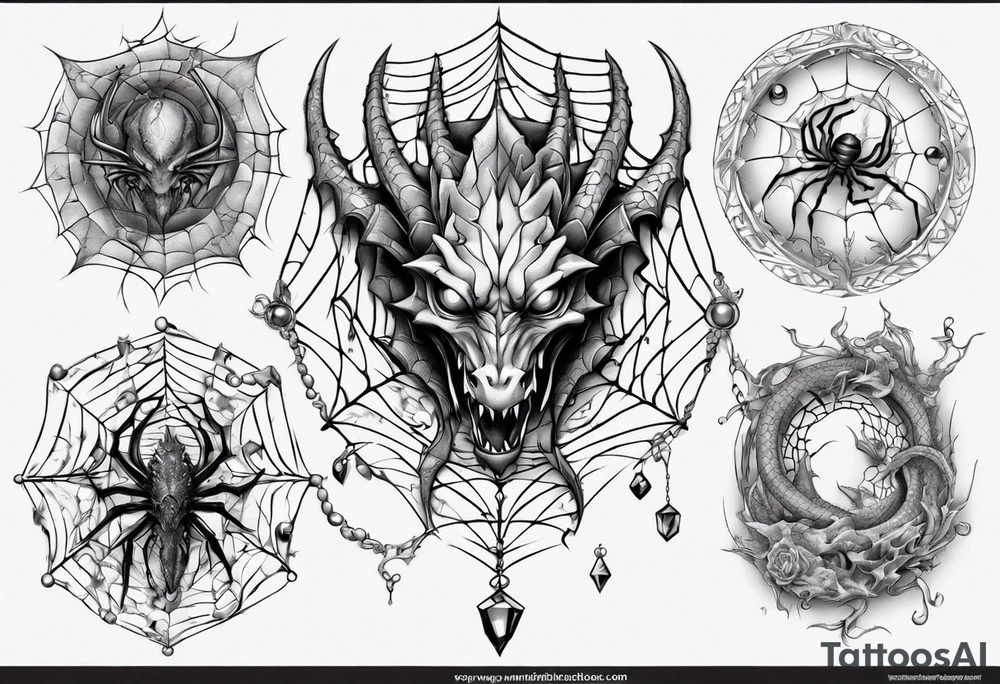 Dragon in a spiral spiderweb with jewels and shattered chalices and one spider tattoo idea