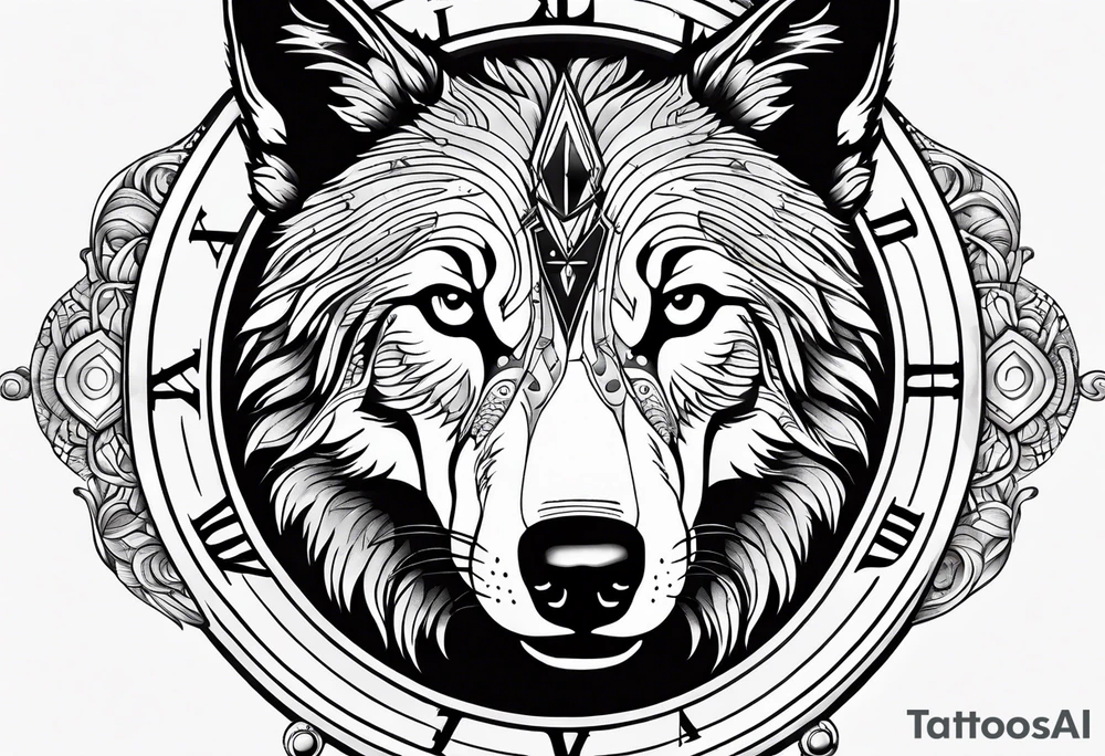Wolf face over toddle face with compass tattoo idea