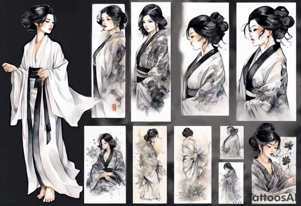 a black-haired woman dressed in a black and white robe, middle-aged, beautiful tattoo idea