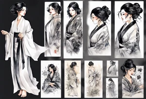 a black-haired woman dressed in a black and white robe, middle-aged, beautiful tattoo idea