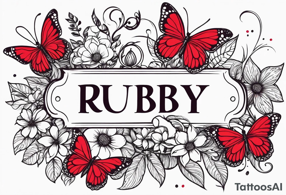 Flowers with "Ruby" and butterflies around it tattoo idea Flowers with "Ruby" and butterflies around it tattoo idea
