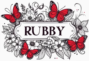 Flowers with "Ruby" and butterflies around it tattoo idea
