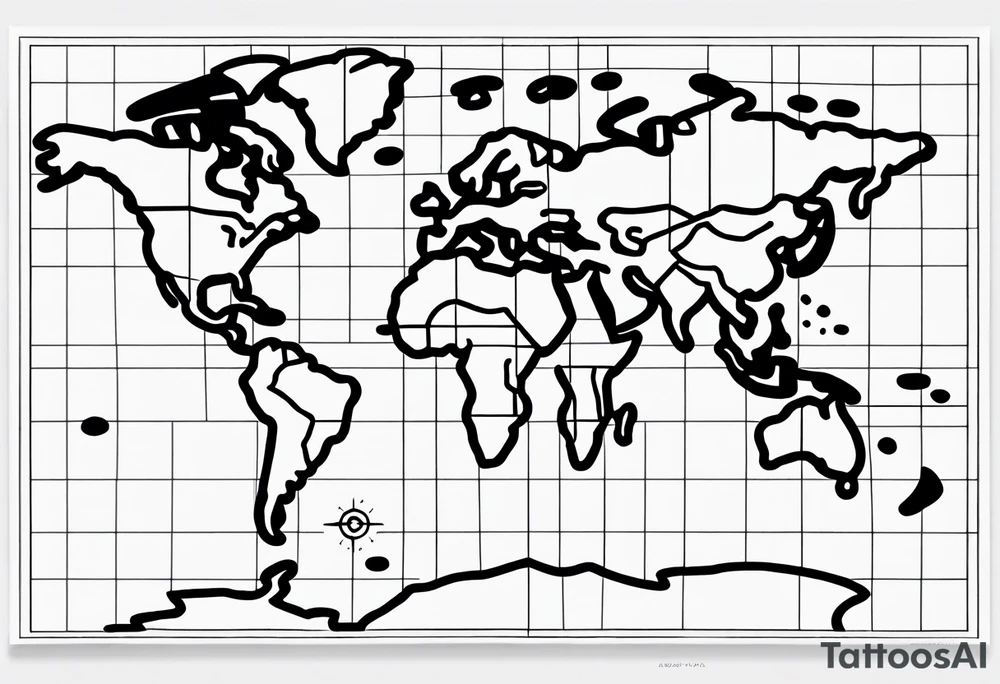 A hand drawn line map of the world, featuring a compass design of n, s, e and w - and incorporating the line "Always Carry On" tattoo idea