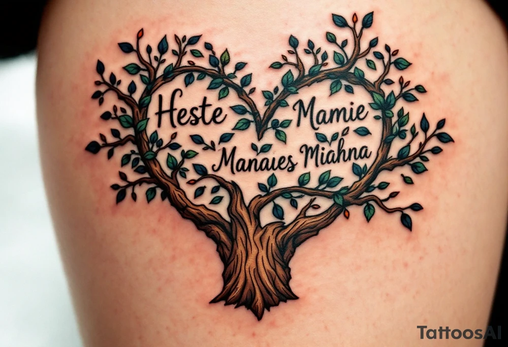 Heart-Shaped Tree with Names in the Bark – A tree whose trunk and branches form a heart shape, with sepia-toned bark engraved with names or dates. tattoo idea