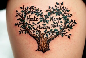 Heart-Shaped Tree with Names in the Bark – A tree whose trunk and branches form a heart shape, with sepia-toned bark engraved with names or dates. tattoo idea