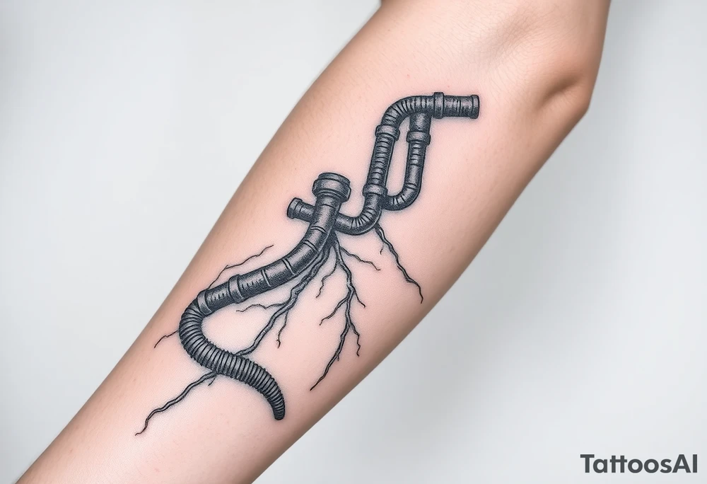 Top pipe starts closer to the elbow, long System of pipes that transitions and transforms into veins of forearm tattoo idea