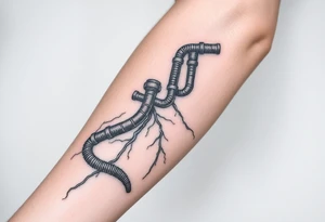 Top pipe starts closer to the elbow, long System of pipes that transitions and transforms into veins of forearm tattoo idea
