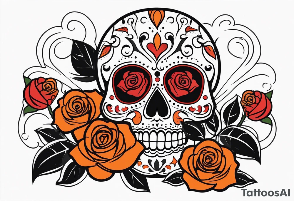 Sugar skull with roses that are orange and red with smoke around it tattoo idea