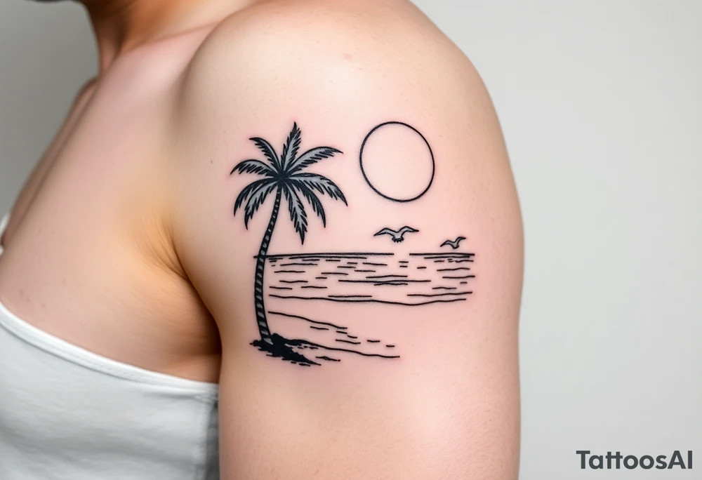 happy, peaceful, serene, timeless, ocean, sand, palm tree, seagulls, sun, subtle, masculine tattoo idea