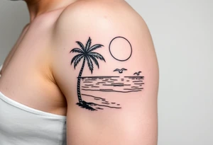 happy, peaceful, serene, timeless, ocean, sand, palm tree, seagulls, sun, subtle, masculine tattoo idea