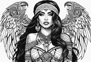 valkrye, kali, pirate, goddess, native american, zen, ooking right, left chest, wing tattoo idea